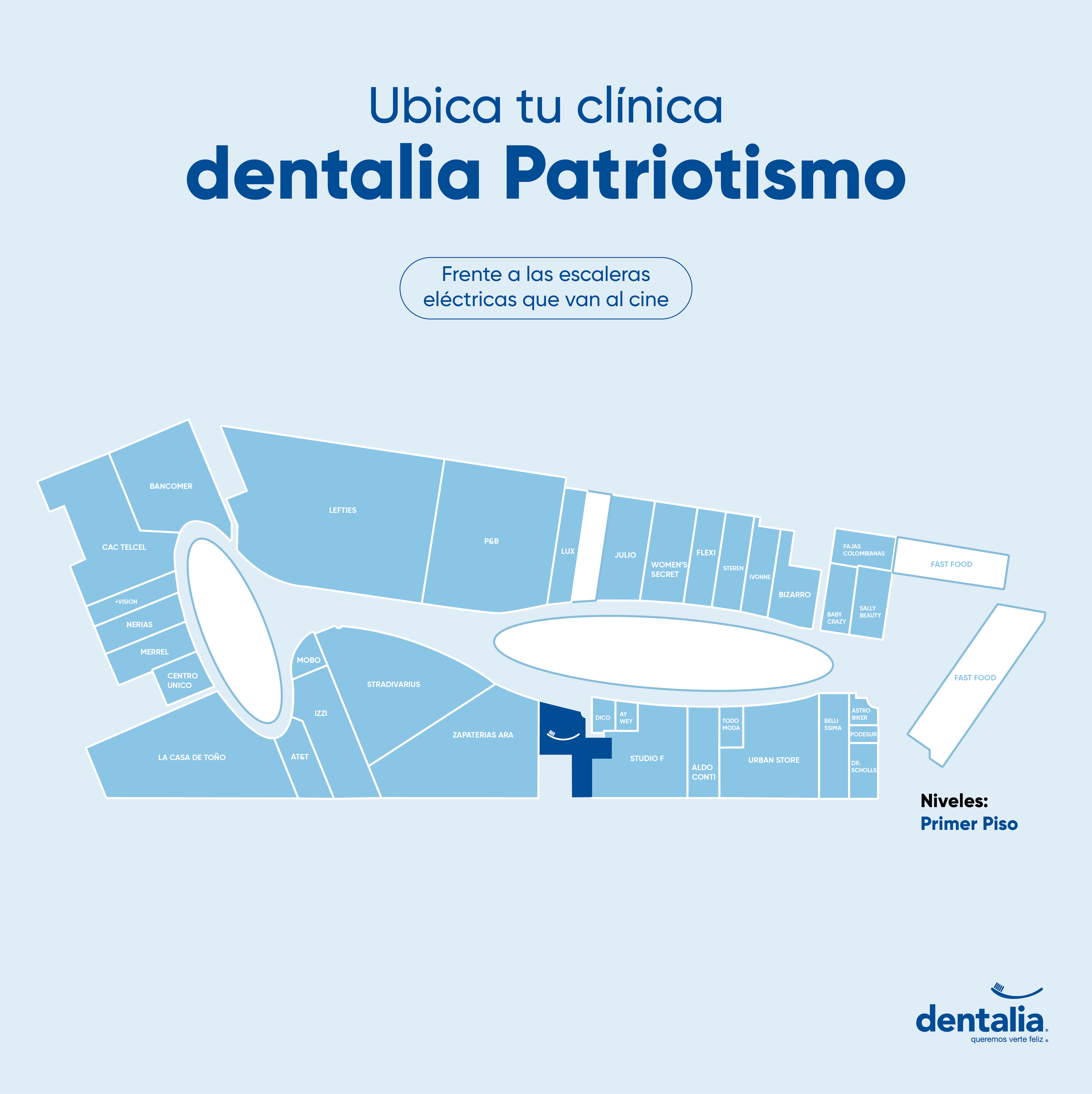 Dentro de plaza comercial Metrópoli Patriotismo, en primer piso, frente a escaleras eléctricas del cine.