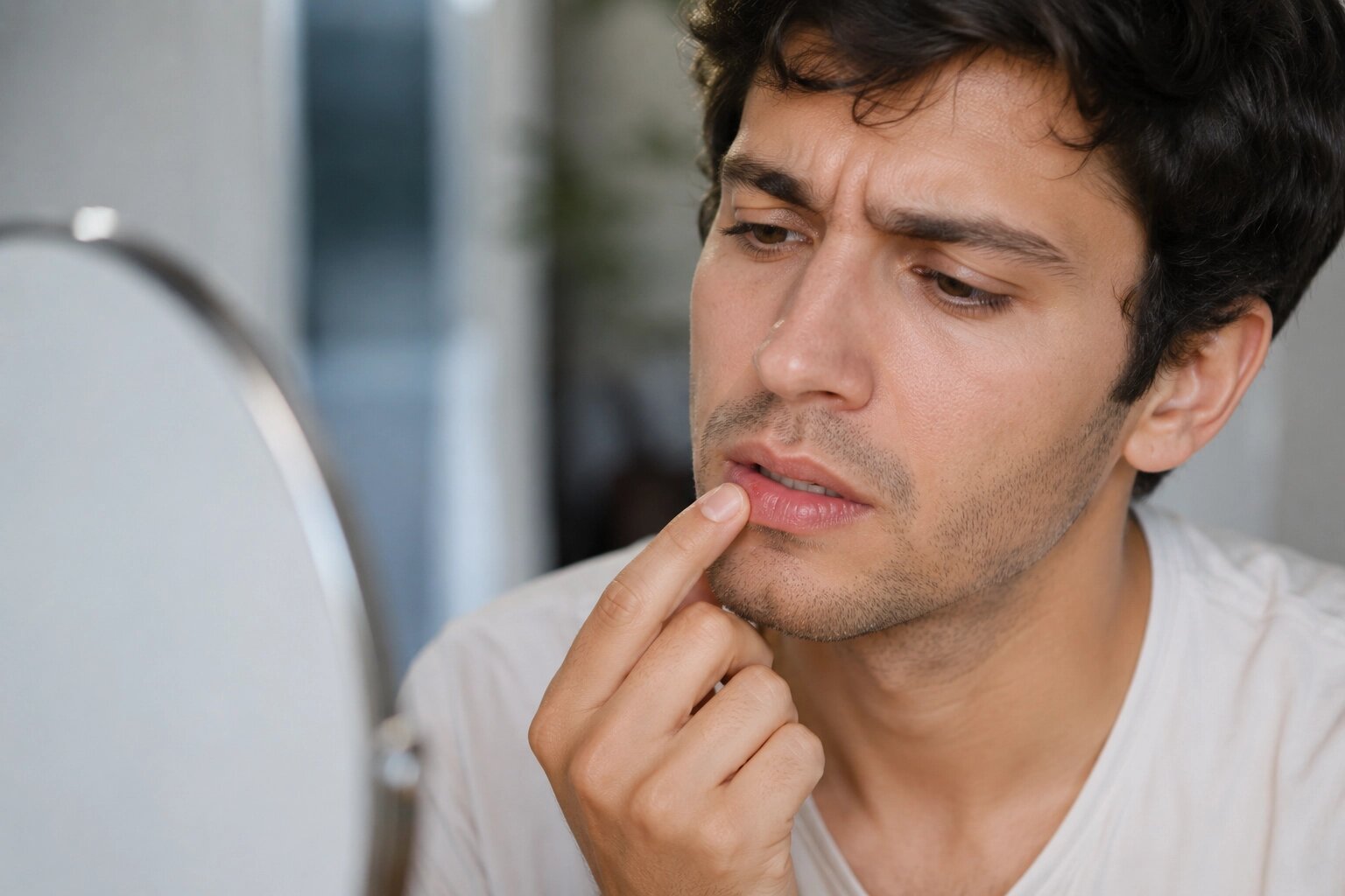 hombre con una molestia en los labios