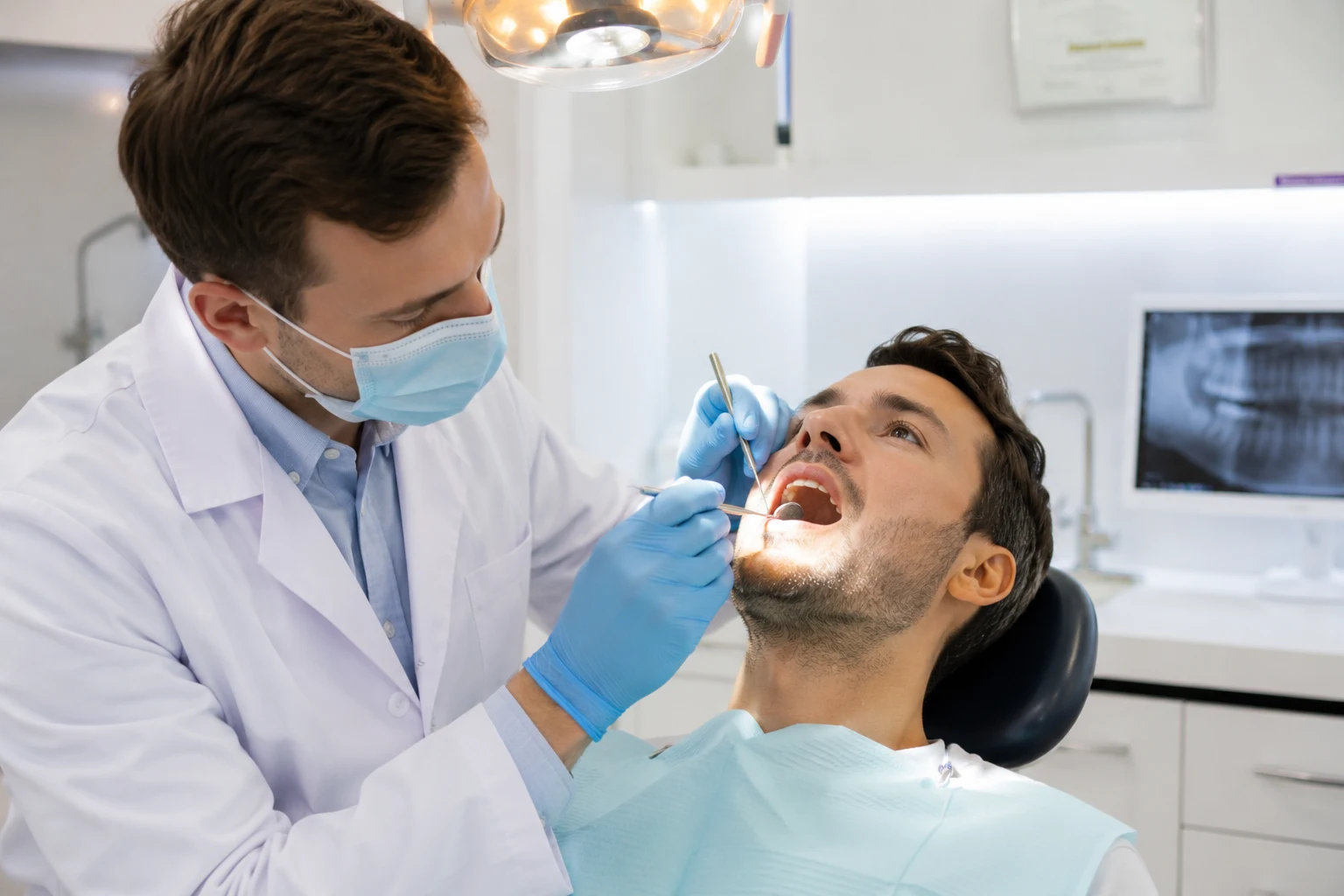 Doctor checando un posible cáncer de boca
