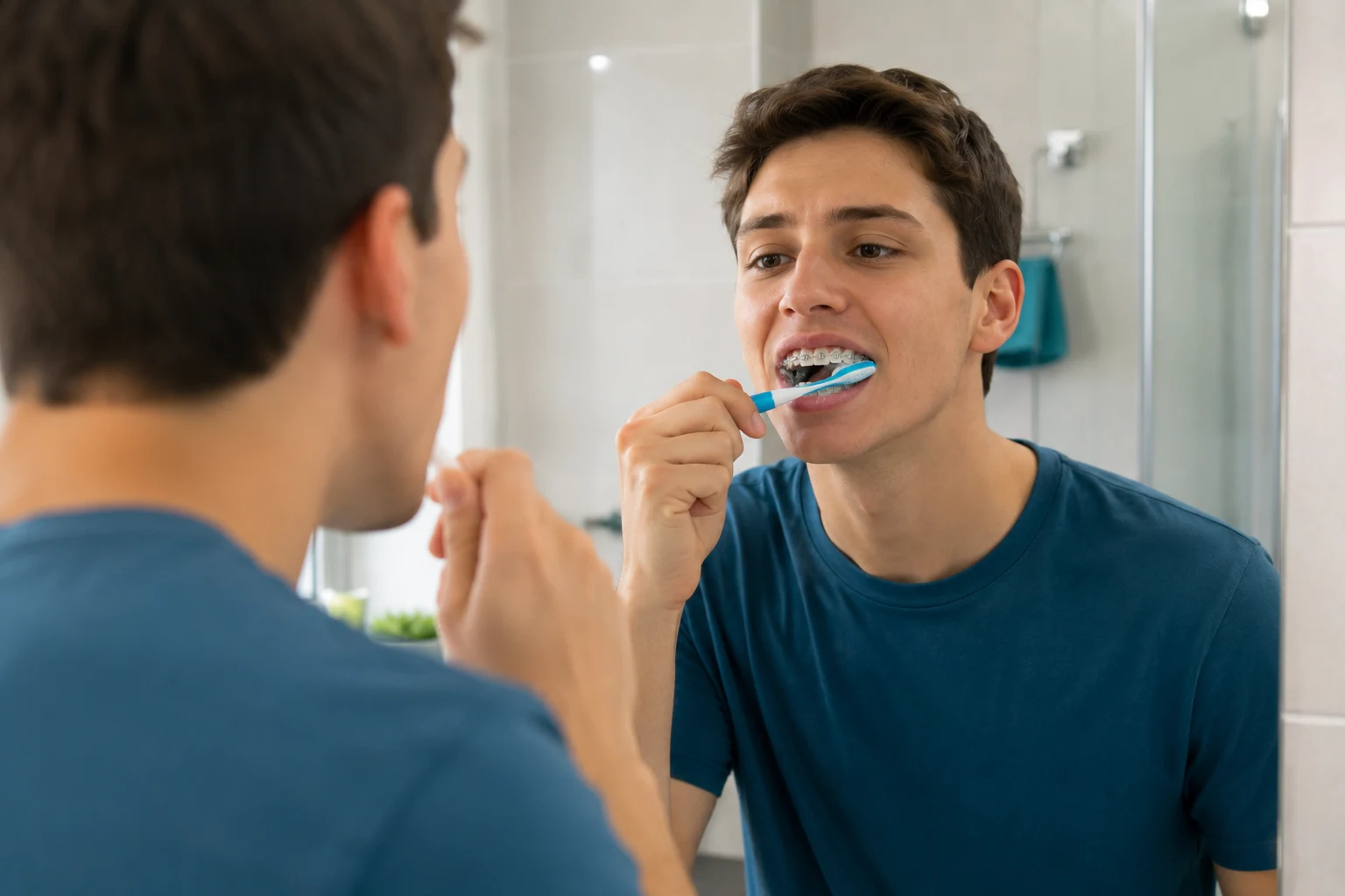 Hombre joven cepillándose los brackets