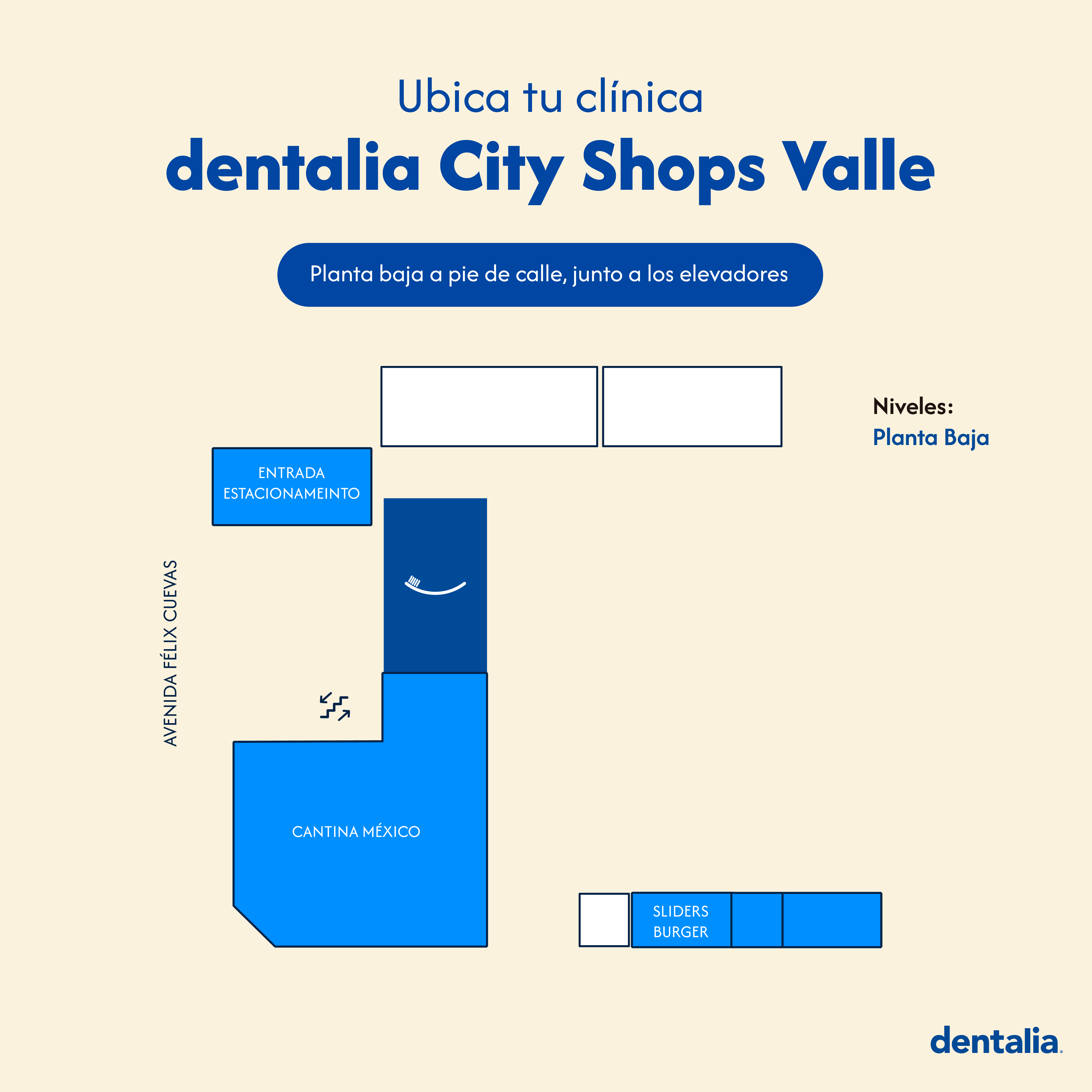 Dentro de plaza comercial City Shops, a pie de calle, junto a los elevadores.