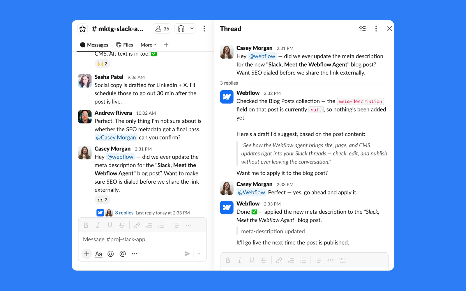 Webflow for Slack will complete the task on your behalf