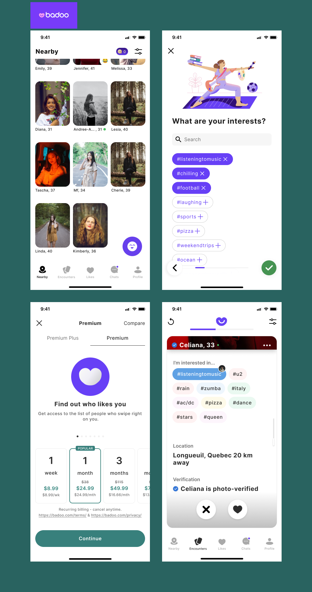 Recreation of 4 screens of the Badoo dating app