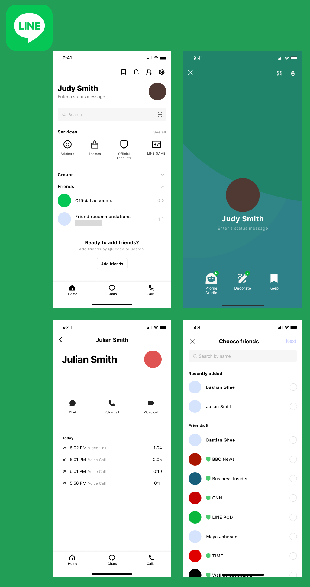 Recreation screens of the social media chat app Line 