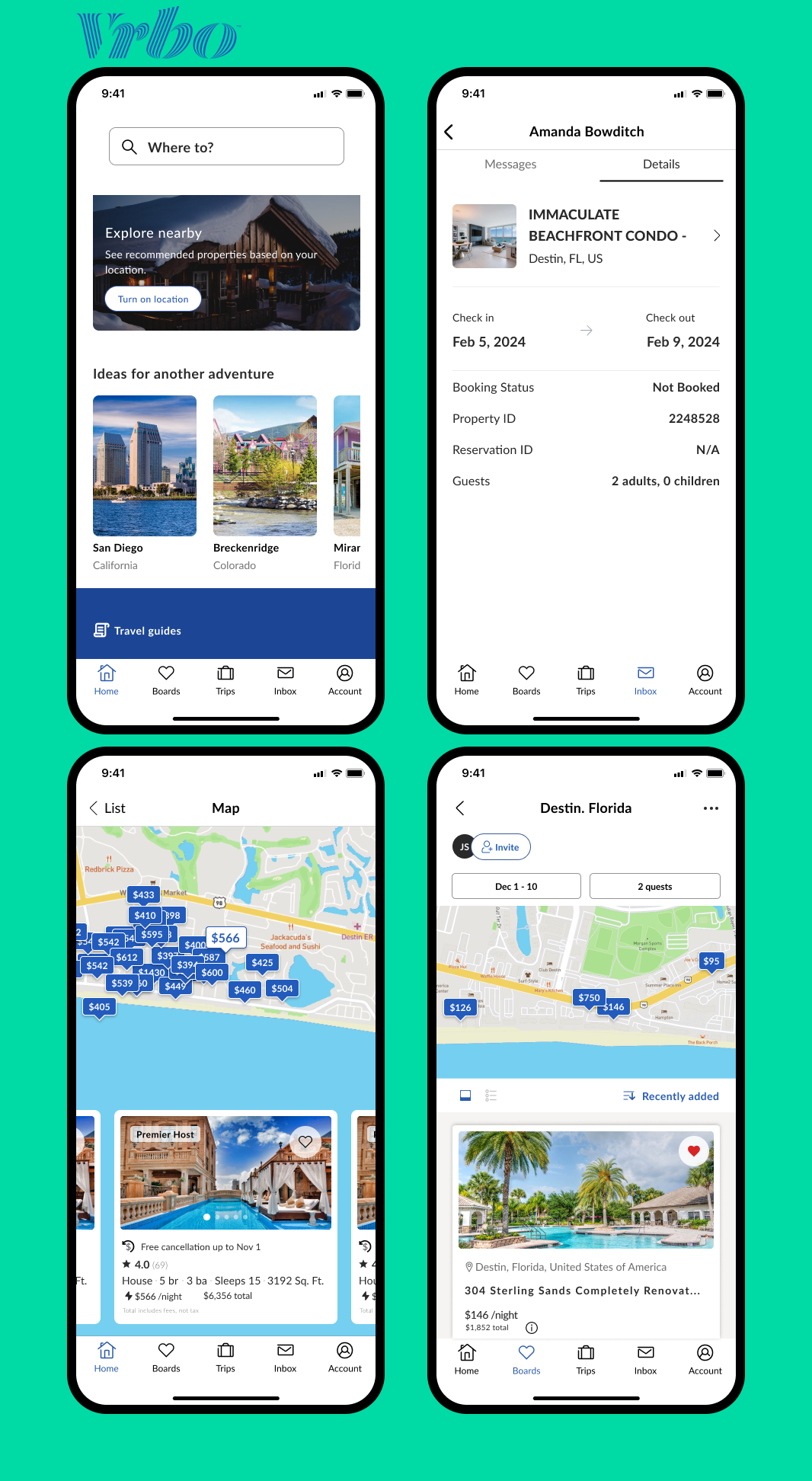 Recreation of the VRBO app used to rent locations at vacation destinations
