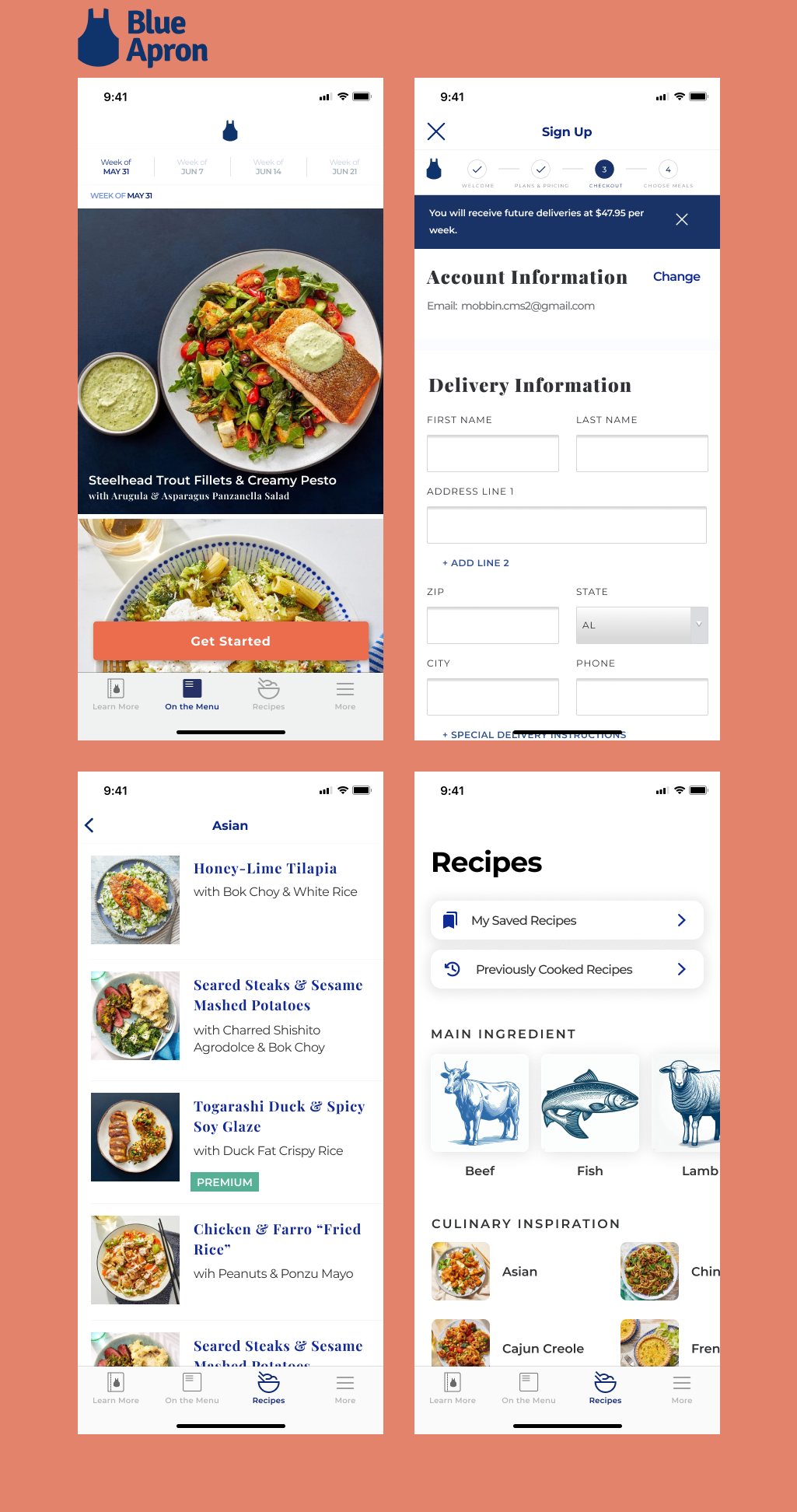 Recreations of the blue apron meal delivery app