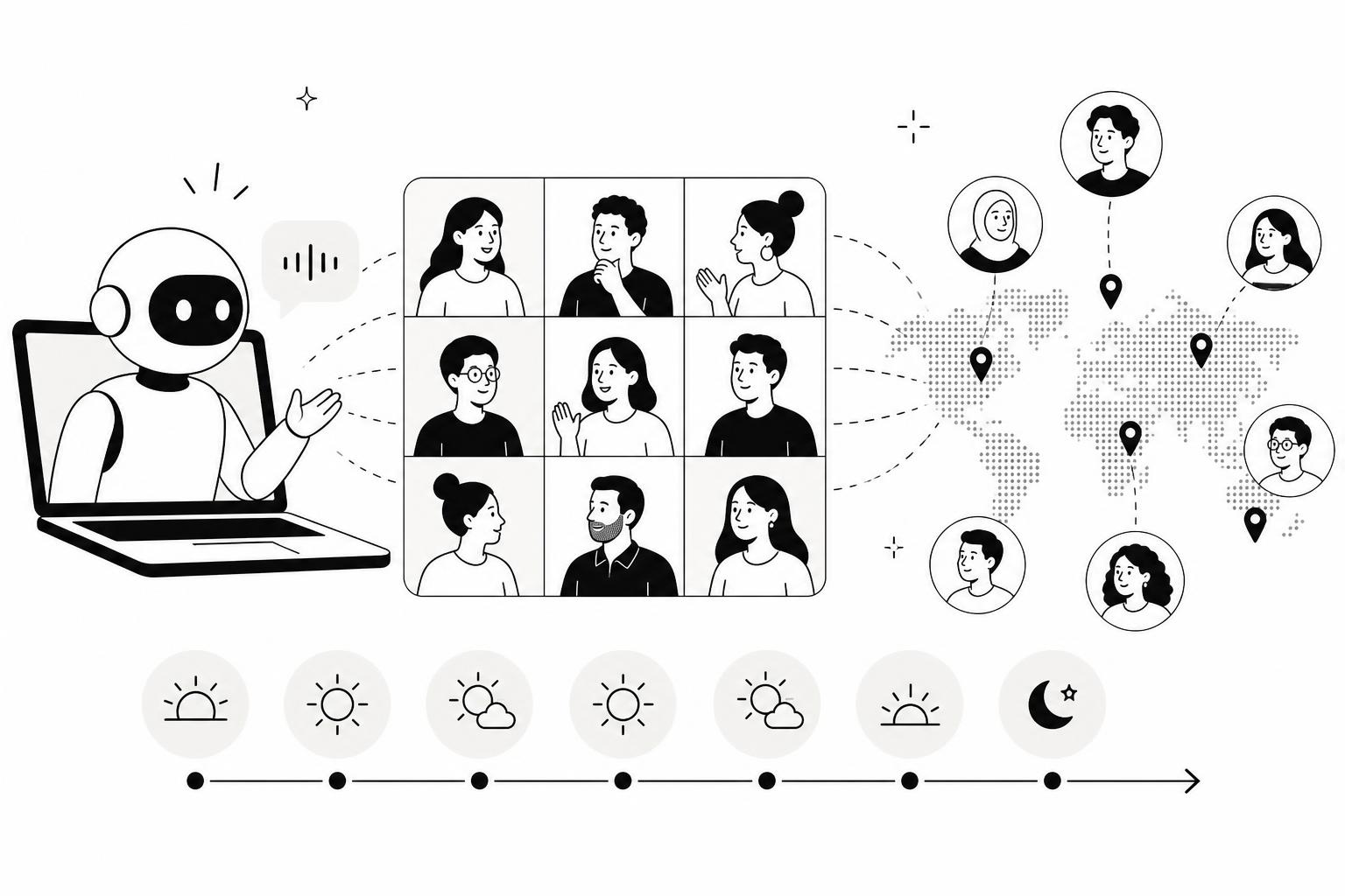 Line illustration of an AI interviewer on a laptop speaking with participants across seven markets in one week
