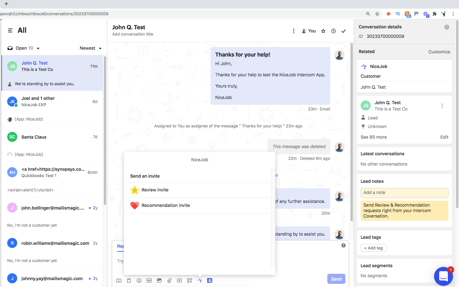 Intercom Customer Experience Tool Screenshot