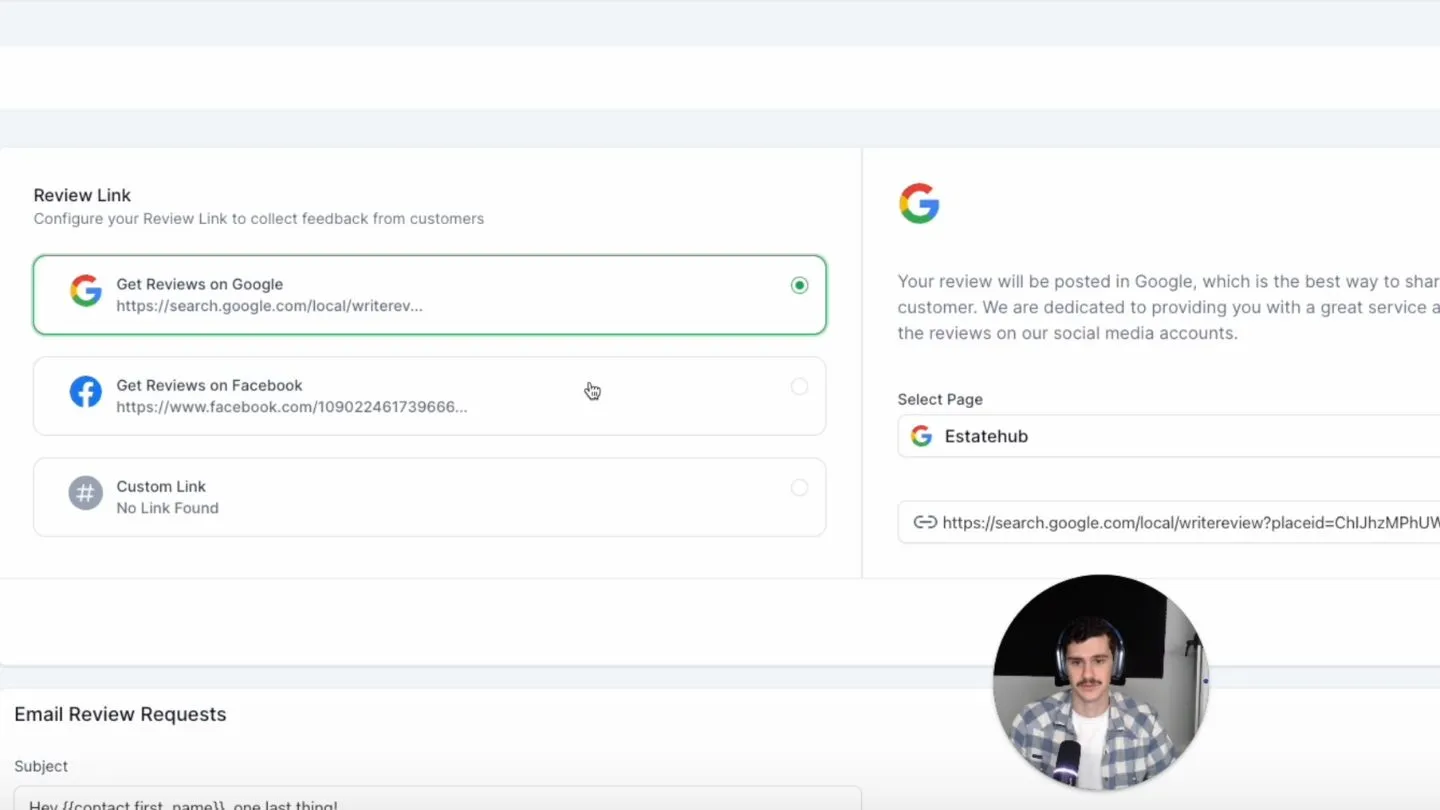 Screen showing options to get reviews on Google, Facebook, or custom link with a man's video call overlay.