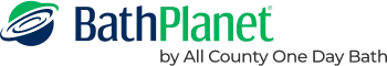 BathPlanet company logo with a stylized planet graphic and tagline by A Curly One Day Bath