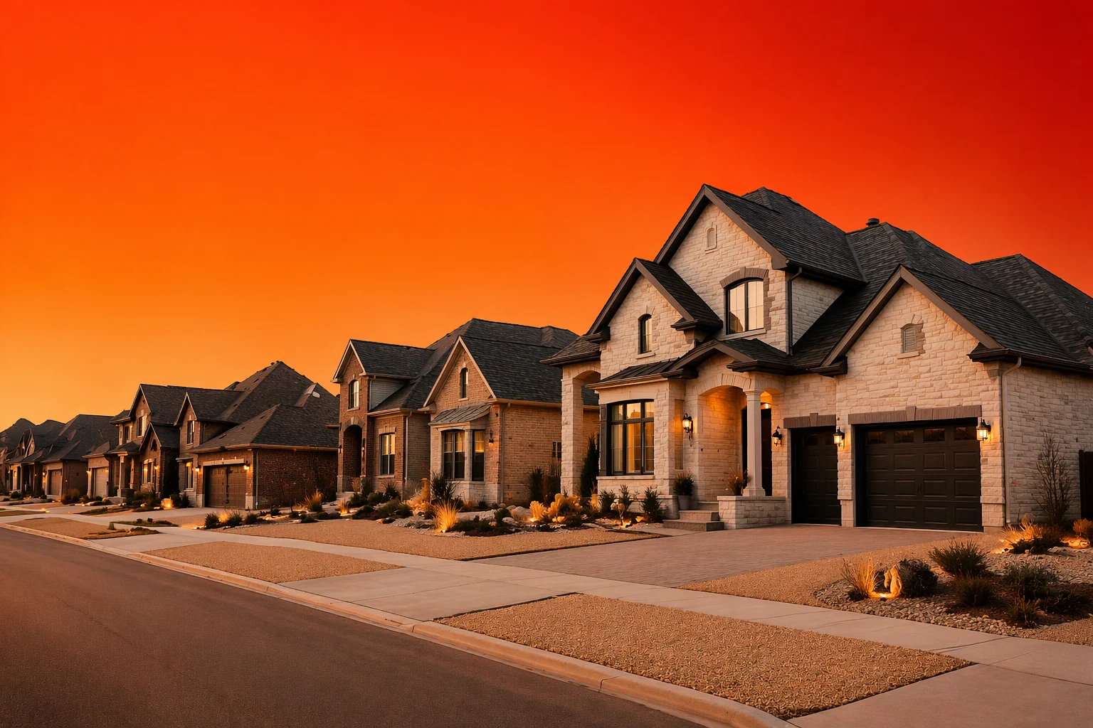 Row of modern suburban houses with lit exteriors under a vibrant orange sunset sky.