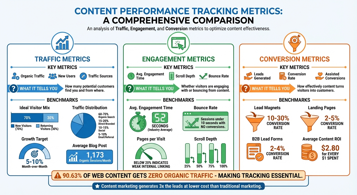 Content Performance Tracking Metrics: Traffic, Engagement, and Conversion Benchmarks