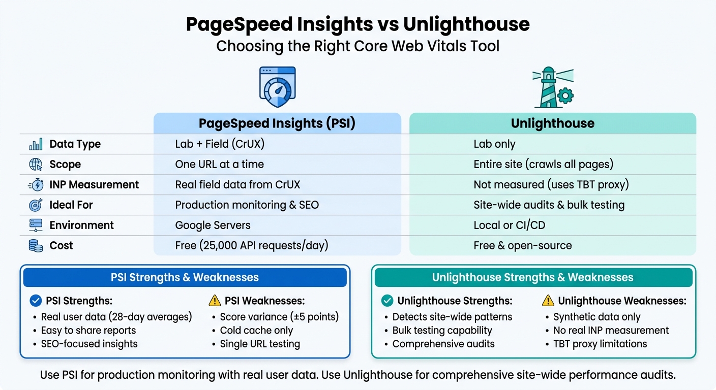 PageSpeed Insights vs Unlighthouse: Core Web Vitals Tool Comparison