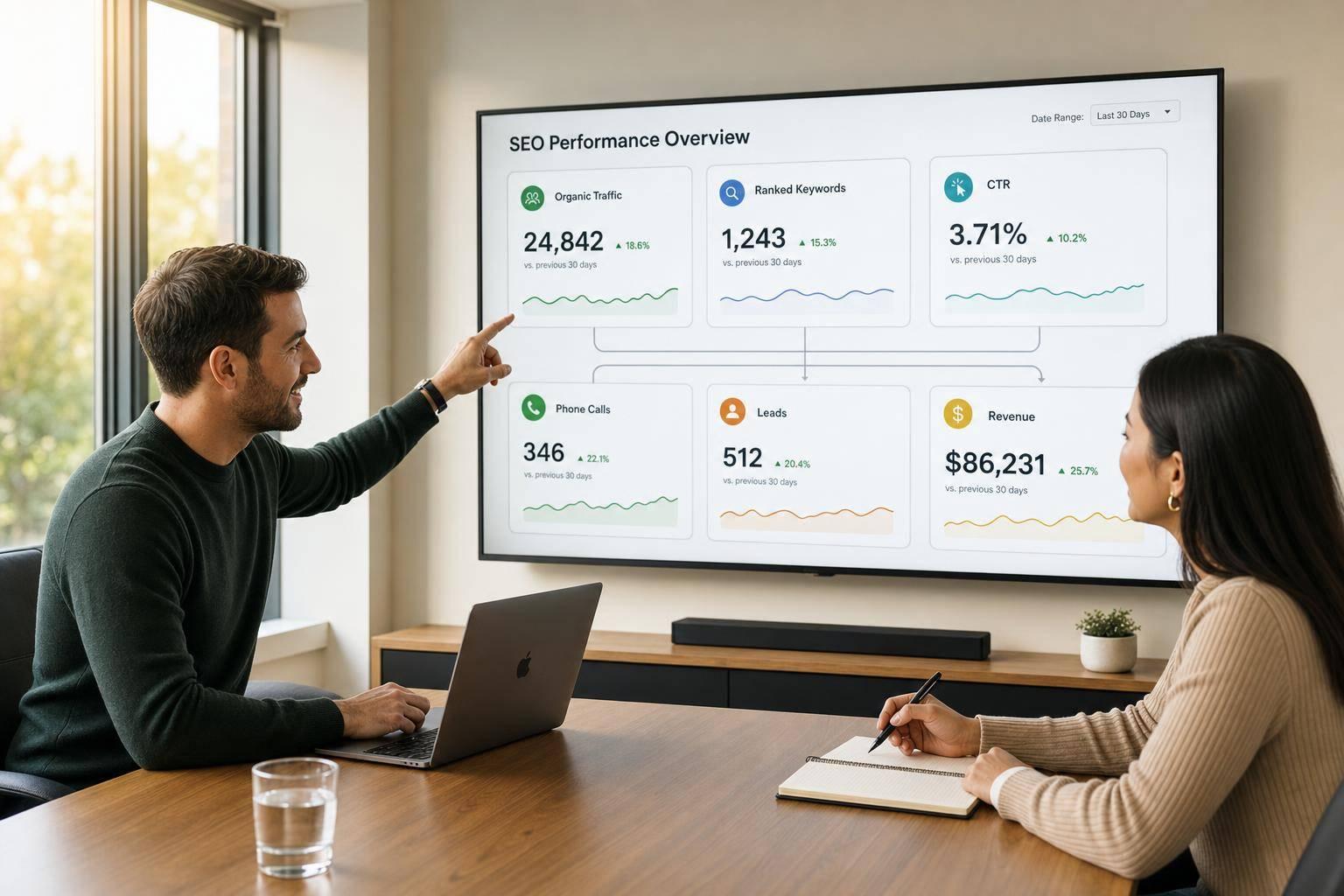 Stop monthly data dumps: use 5-7 KPIs and a shared dashboard to link SEO to calls, leads, and revenue.
