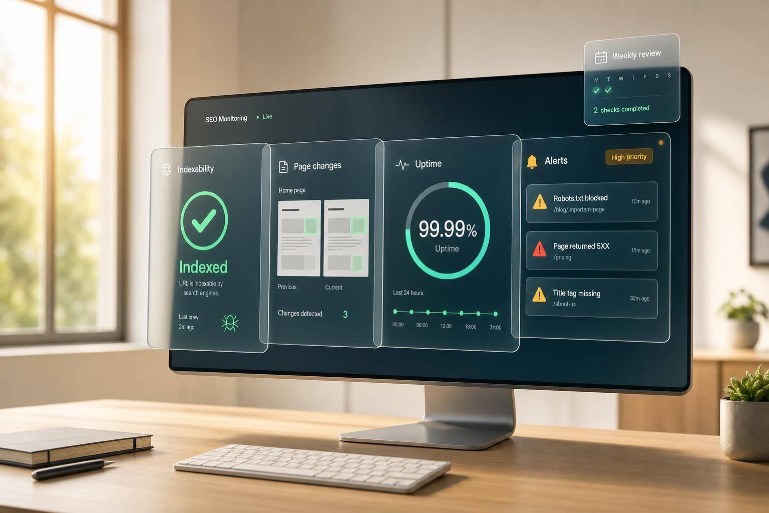 Protect revenue pages: monitor indexability, page changes, uptime, and set prioritized alerts with scheduled reviews.