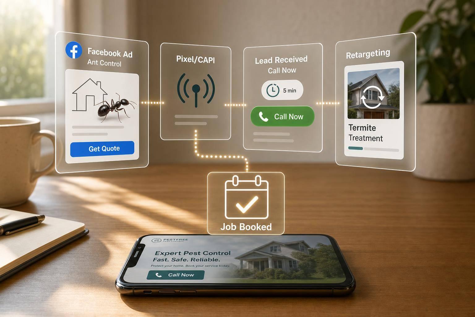 Use Pixel/CAPI, service-specific campaigns, quick follow-up, and retargeting to turn Facebook Ads into booked pest control jobs.