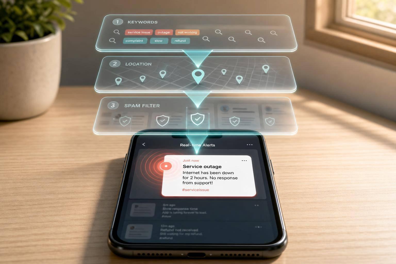Track live posts, reviews, and comments using keywords, location, and spam filters to surface urgent leads and complaints fast.