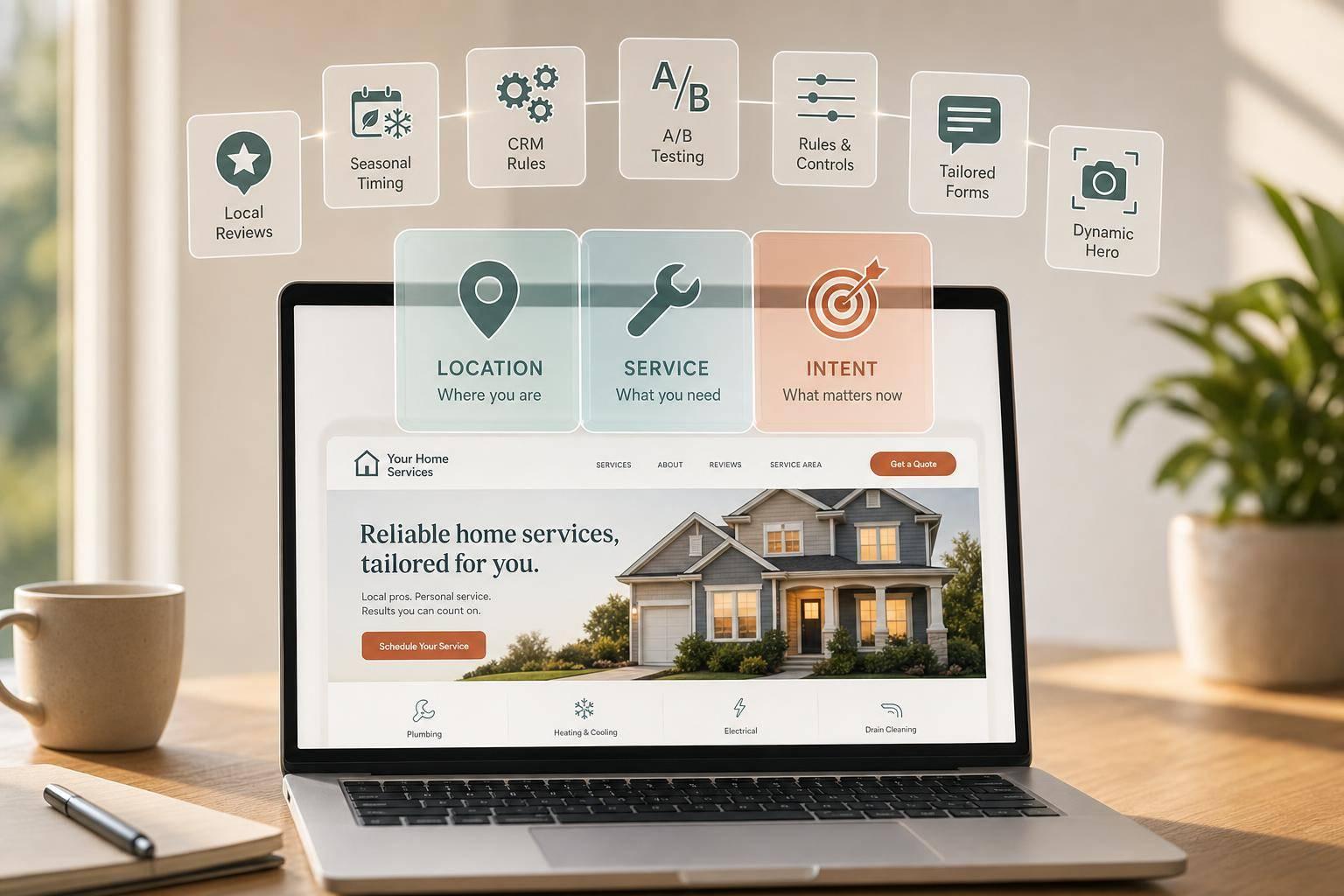 Personalize by location, service and intent with 10 tactics: dynamic hero, tailored forms, local reviews, CRM rules, seasonal, and testing.