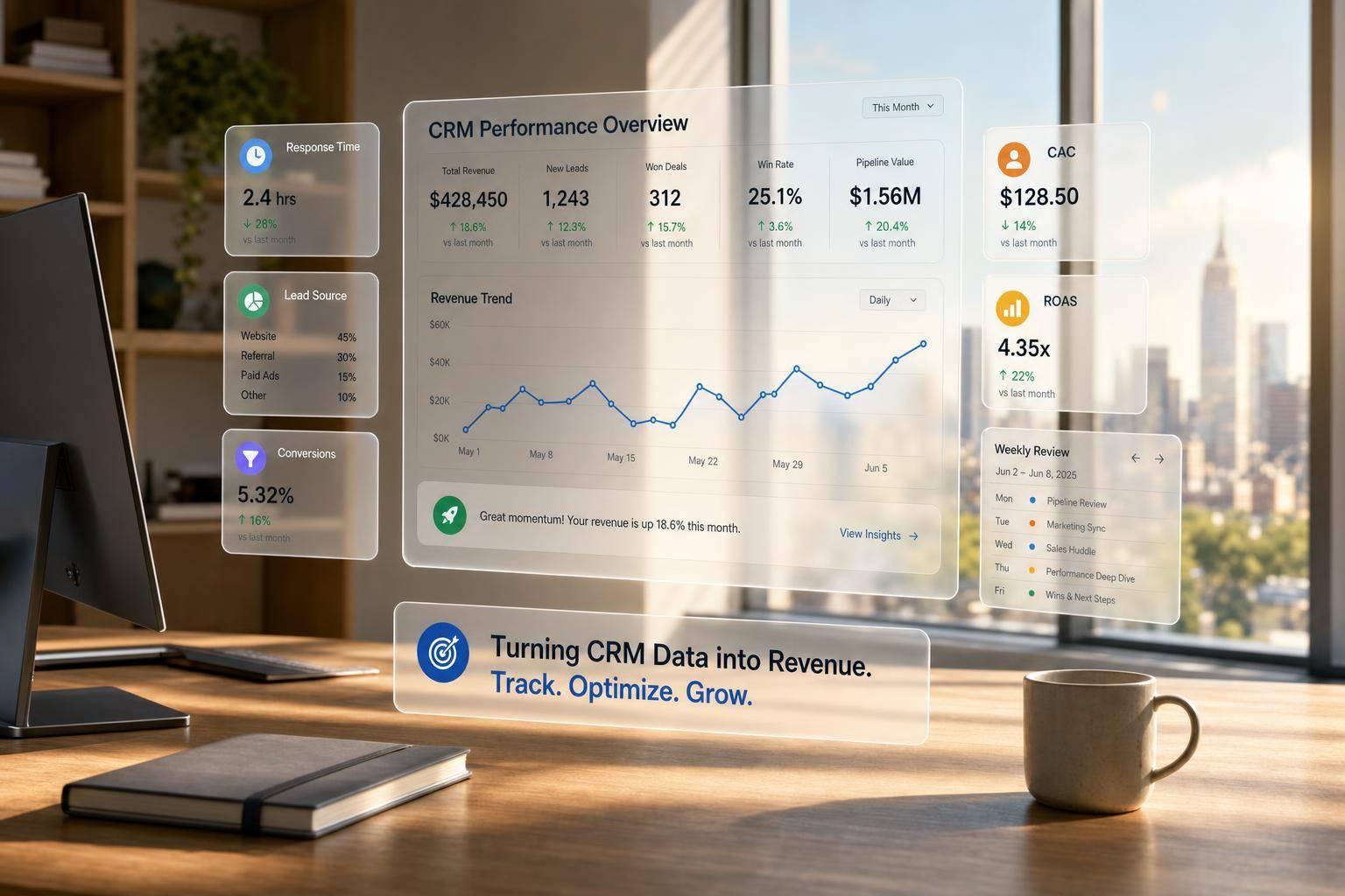 Track response time, lead source, conversions, CAC and ROAS. Clean data, dashboards, and review cadence turn CRM records into revenue.