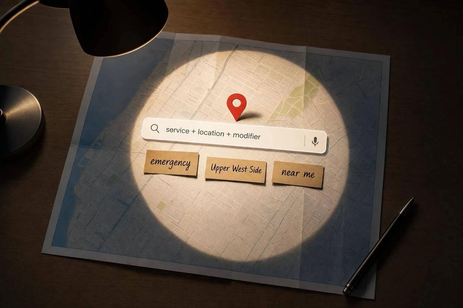 Keyword tools underreport neighborhood, emergency, and problem searches. Build service+location+modifier lists and rank by lead value.