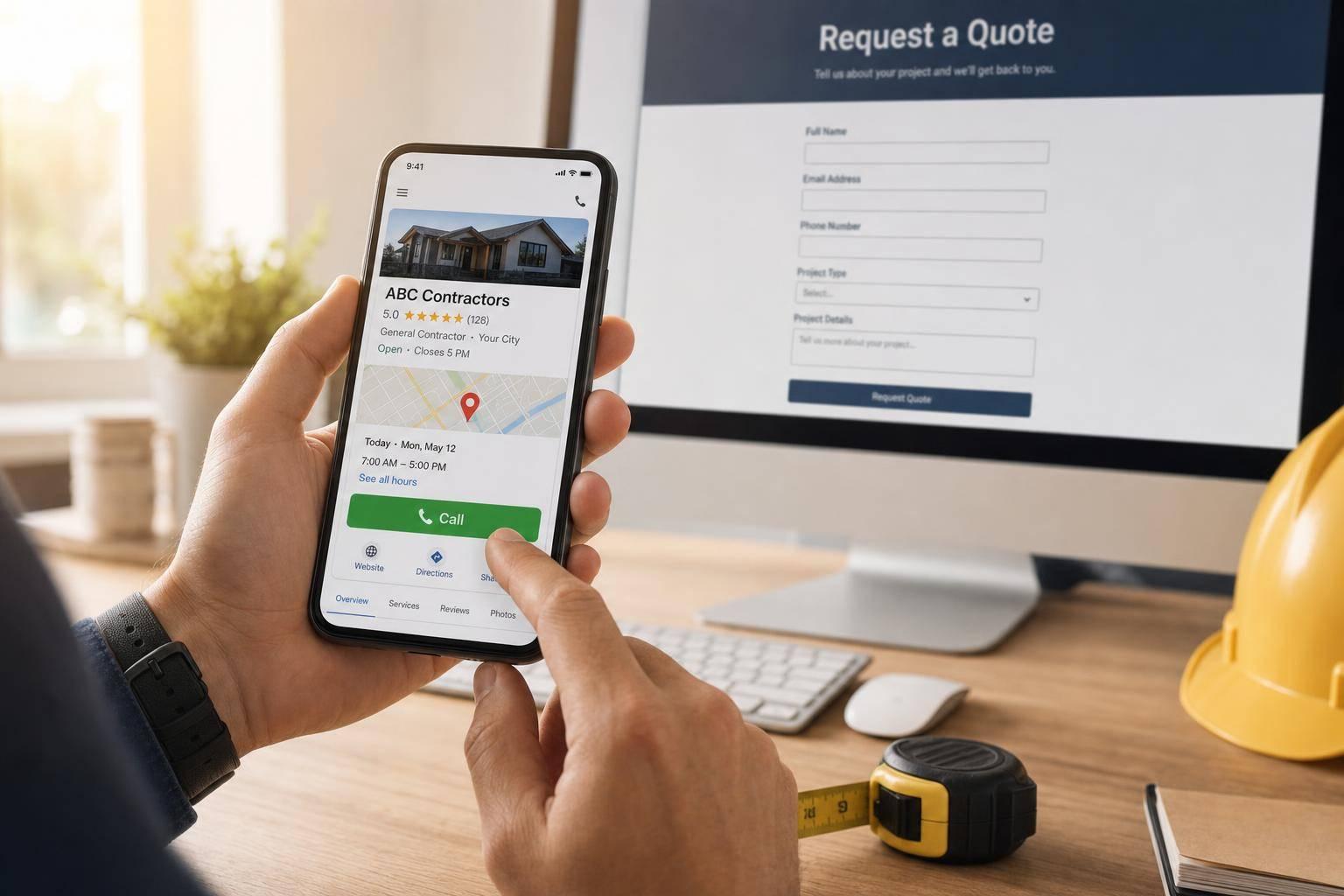 Prioritize mobile for fast local contractor leads: speed, tap-to-call, GBP alignment; use desktop for detailed pages and quote forms.