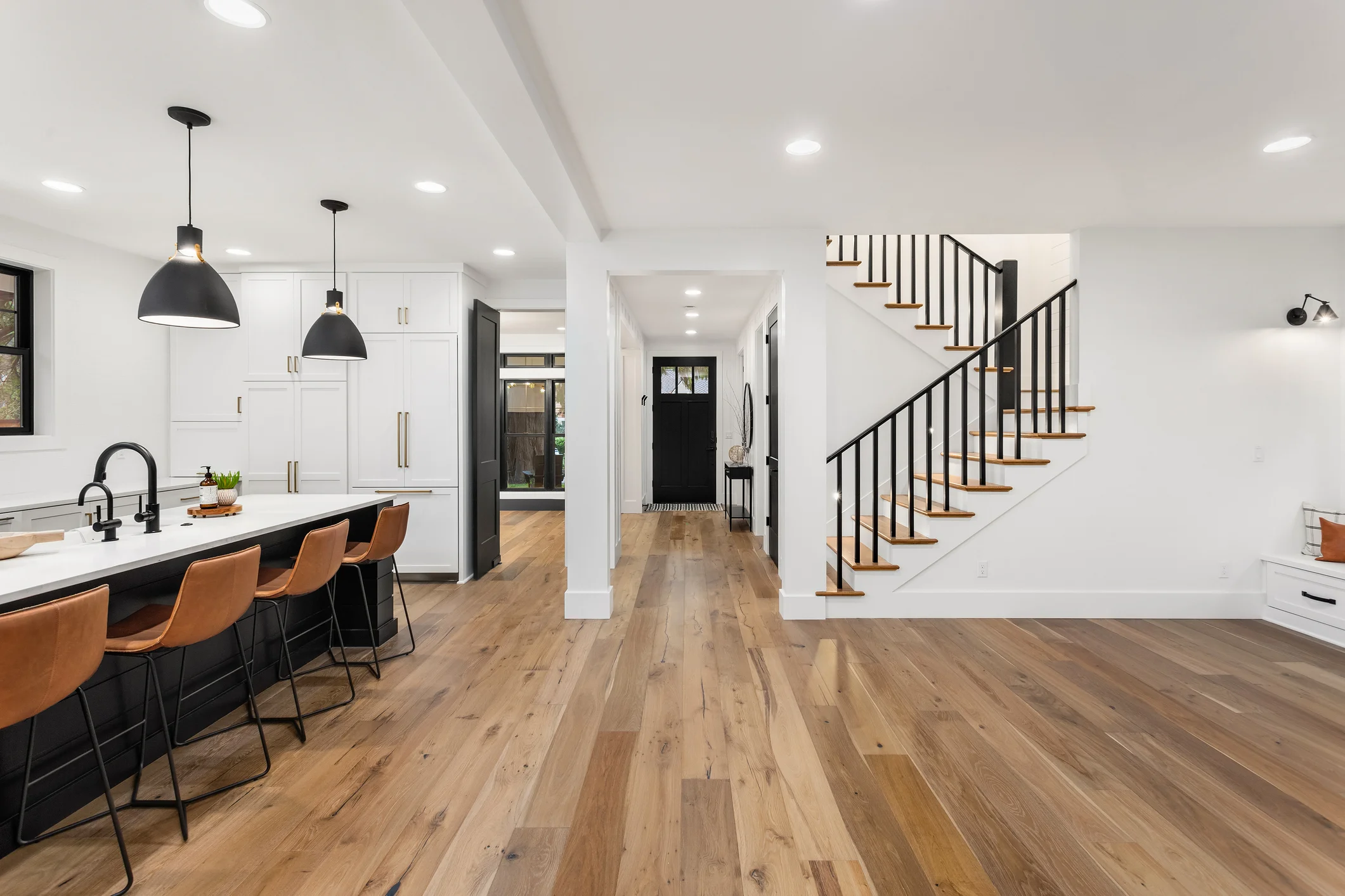 Remodeled open-plan kitchen with a large island