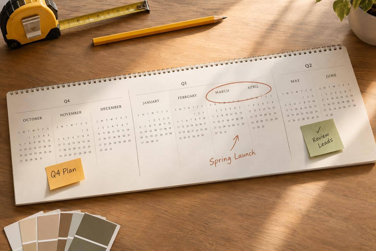 Plan remodeling marketing in Q4: set budgets, choose channels, launch spring campaigns 6–8 weeks before peak, and use May–June reviews to improve lead quality.