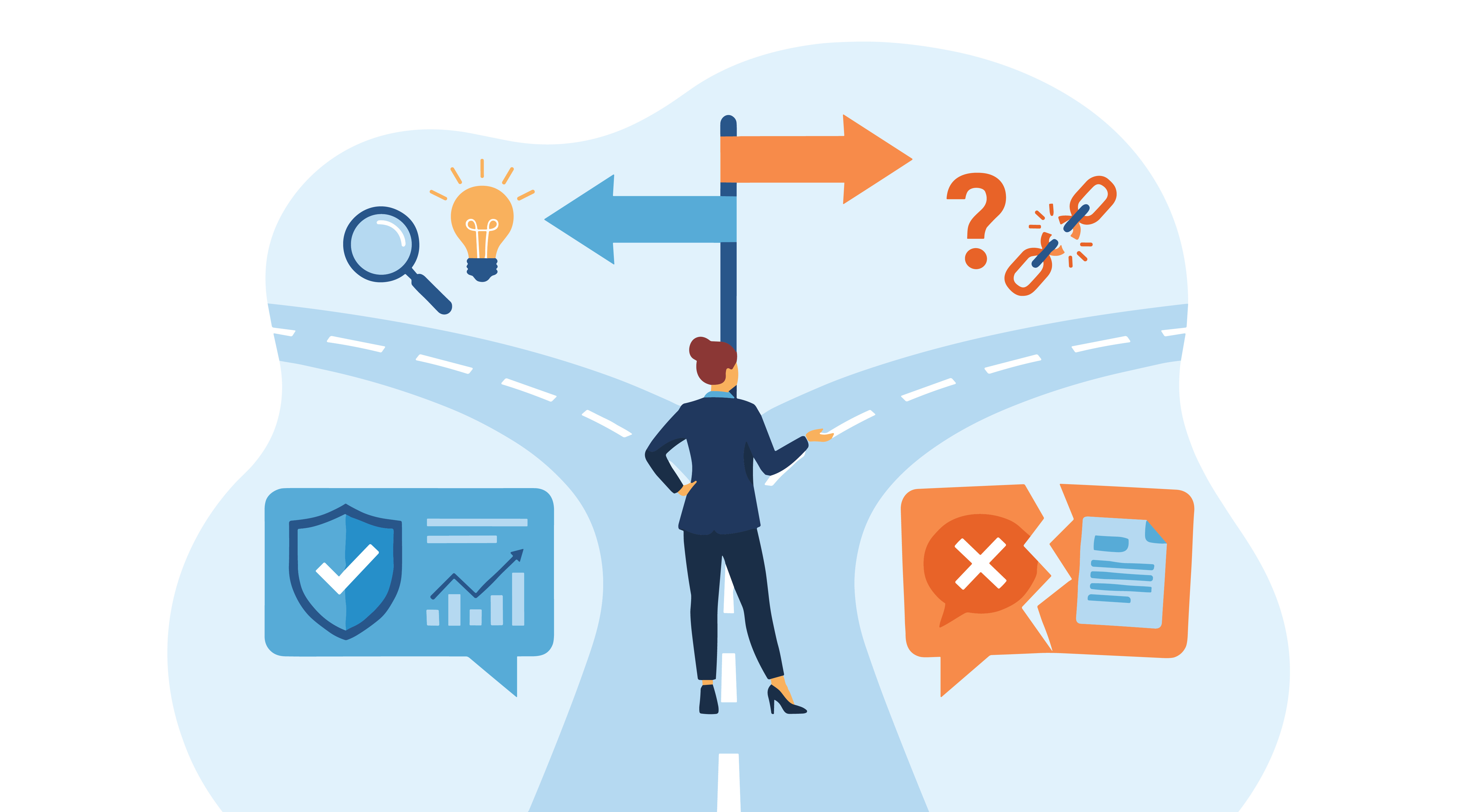 Henkilö valitsee eri suuntiin osoittavien nuolten välillä, kuvaten päätöksentekoa tietosuoja- ja tietoturvatilanteissa