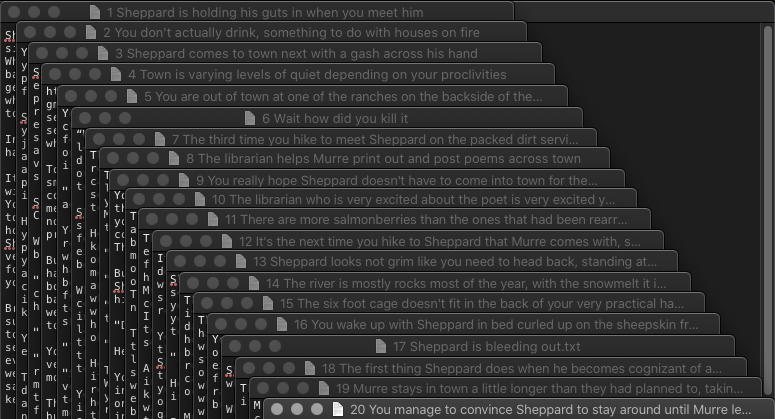 A plain text file titled “All twenty chapters of Sometimes The Mountain Buries You, in narrow plain text files that are arranged in a descending cascade, showing the title bar for each chapter. Each chapter is saved with the chapter number followed by the first sentence of the chapter.