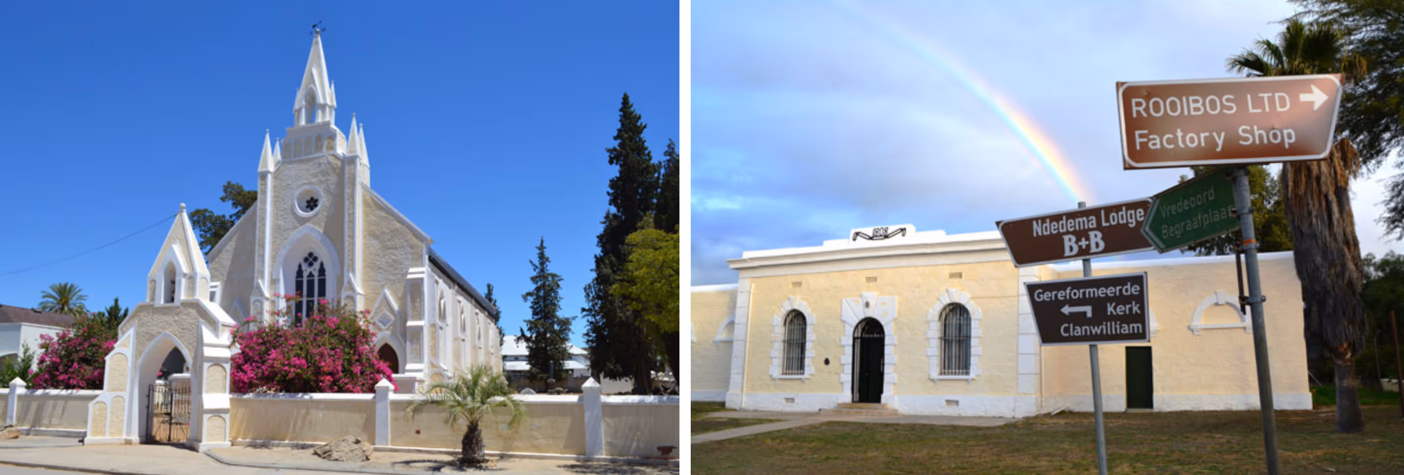 Left: image of an old Dutch Reformed church; Right: Signs and an old building in Clanwilliam town