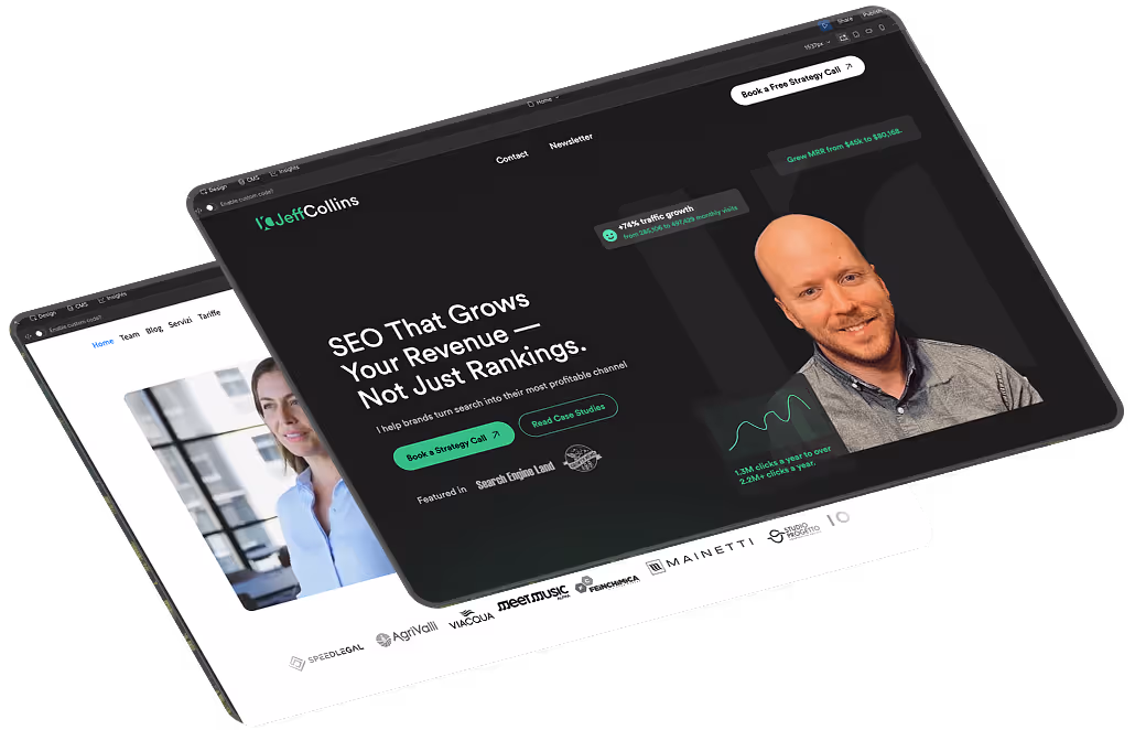 Two overlapping tablet screens showing professional websites: one with a woman in a light blue shirt, and the other a dark-themed SEO service homepage with a smiling bald man, growth stats, and call-to-action buttons.