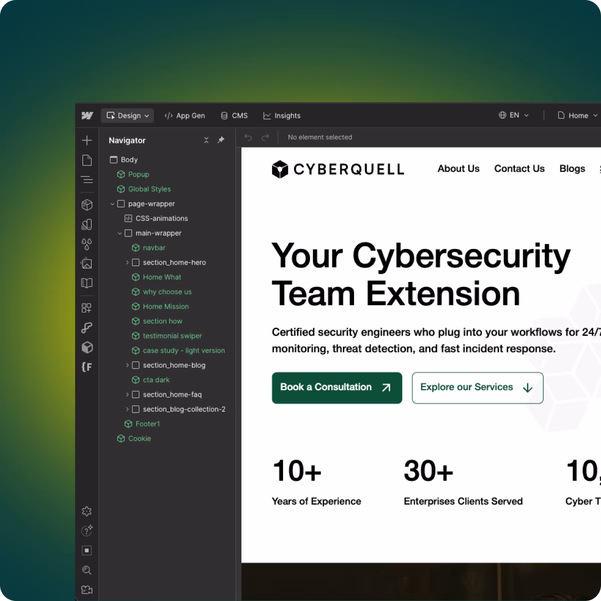 Webflow development console displaying a cybersecurity website design for Cyberquell with navigation menu and call-to-action buttons. Showcasing a scalable structure for the web page inside of Webflow.