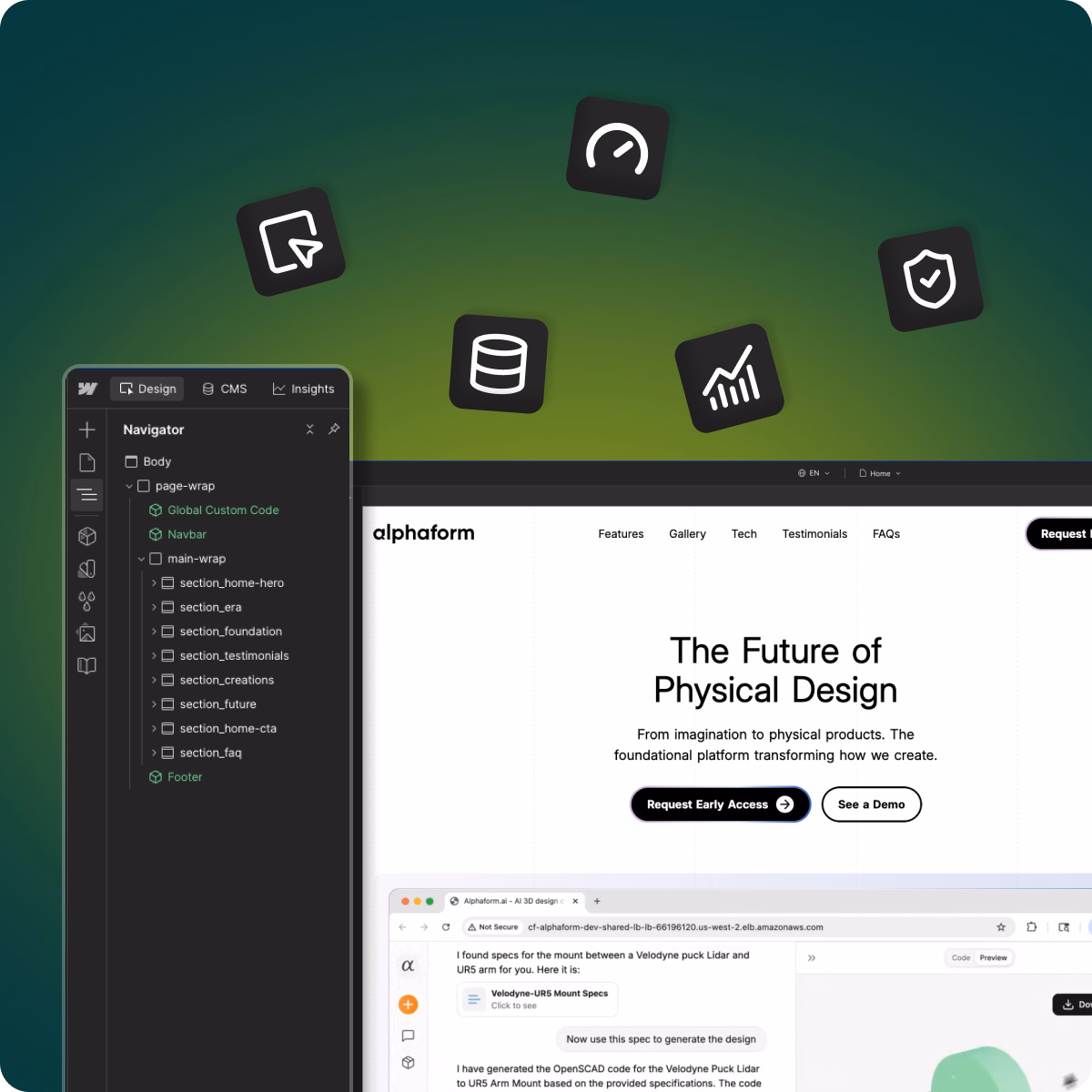 Screenshot of a web design interface showing a website with navigation menus and a sidebar with page sections. Floating icons of design and Maintanence around the website emphasising top quality website maintanence.