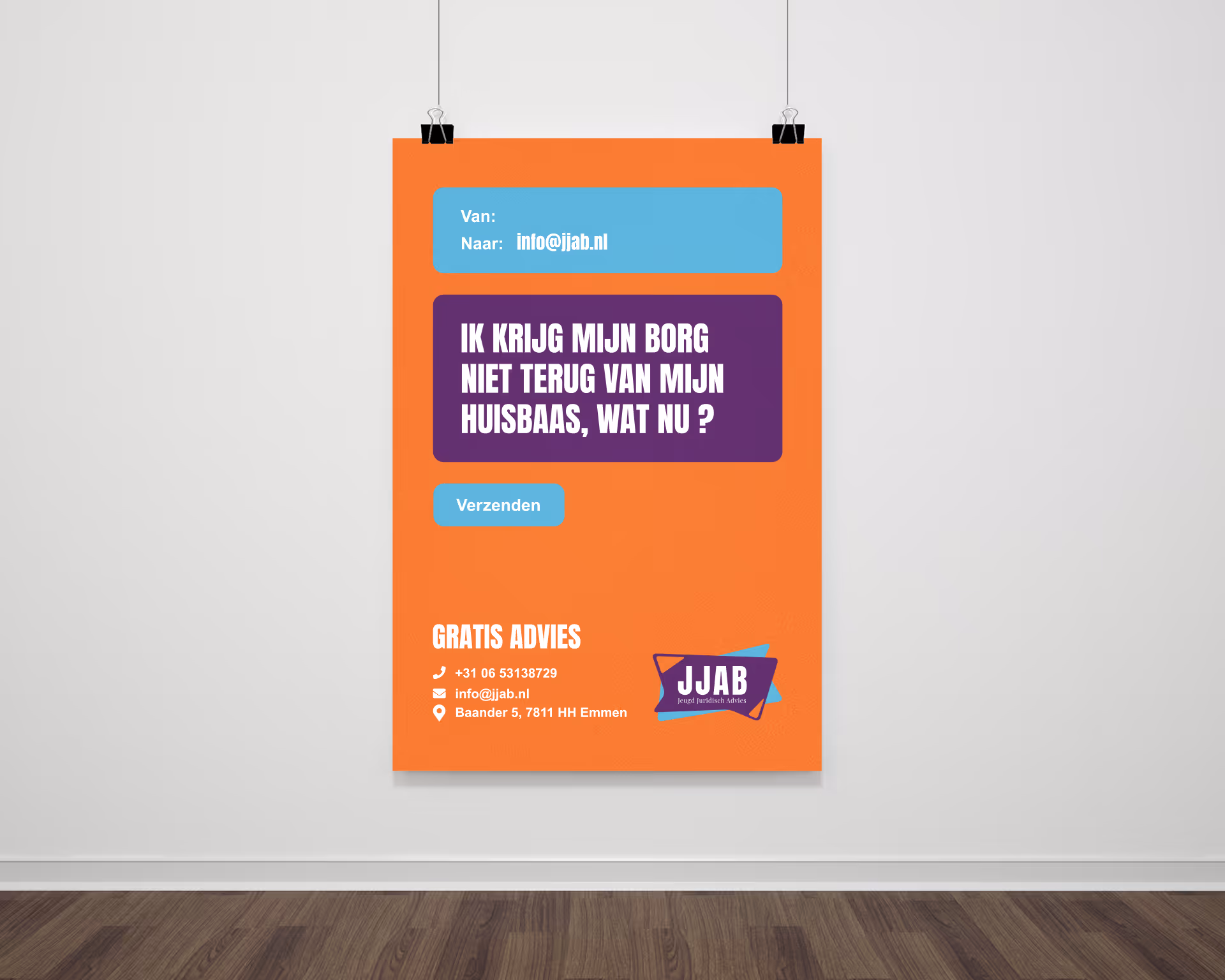 Oranje poster met tekst over borgproblemen, contactgegevens en JJAB-logo voor gratis juridisch advies.