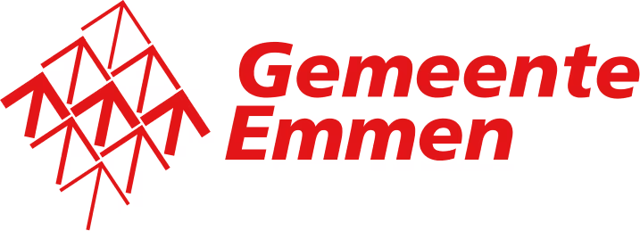 Logo van Gemeente Emmen met rood geometrisch patroon en tekst.