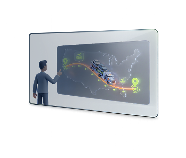 Illustration of a person interacting with a digital map of the United States showing a truck transporting cars along a highlighted route between two marked locations.