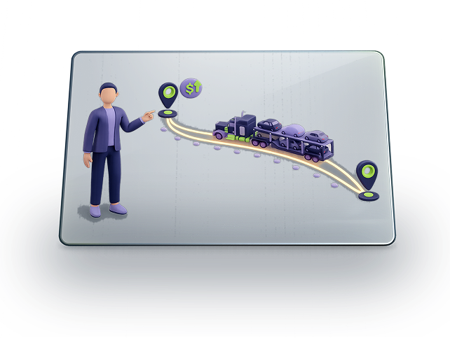 Illustration of a person pointing to the start of a route on a digital map featuring a truck carrying cars and location markers with a dollar sign.