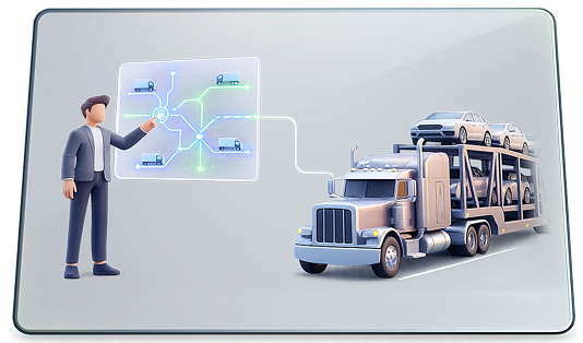 Illustration of a man interacting with a digital logistics network connected to a car carrier truck loaded with cars.