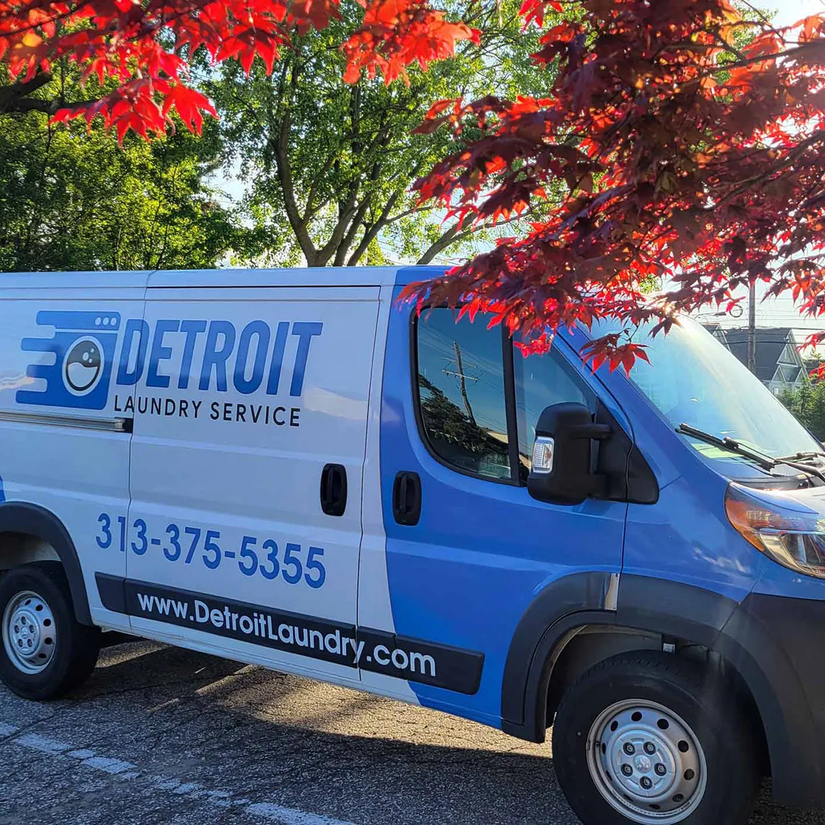 Detroit Laundry Service delivery van parked on a residential street
