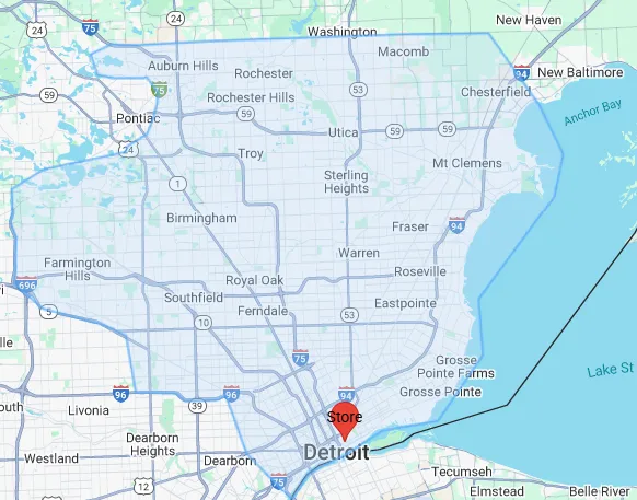 Map of the Detroit Laundry Service delivery area across Wayne, Oakland, and Macomb counties