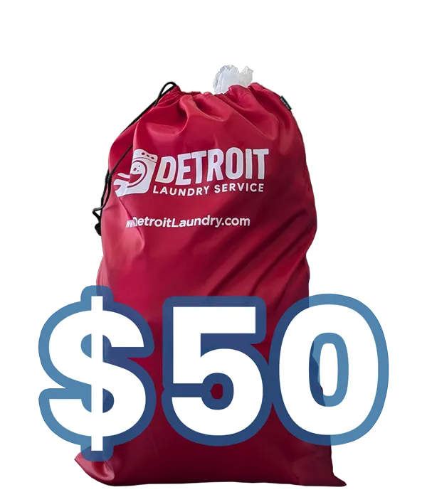 Red Detroit Laundry Service bag, 24 by 36 inches, washed and folded for $50