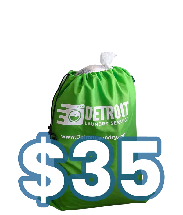 Green Detroit Laundry Service bag, 22 by 28 inches, washed and folded for $35