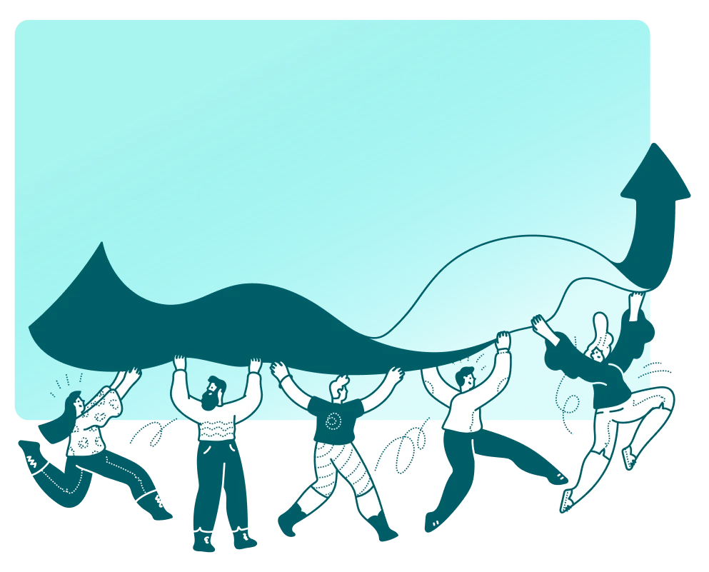 Illustration von mehreren Menschen die gemeinsam einen Pfeil tragen, der nach oben zeigt.