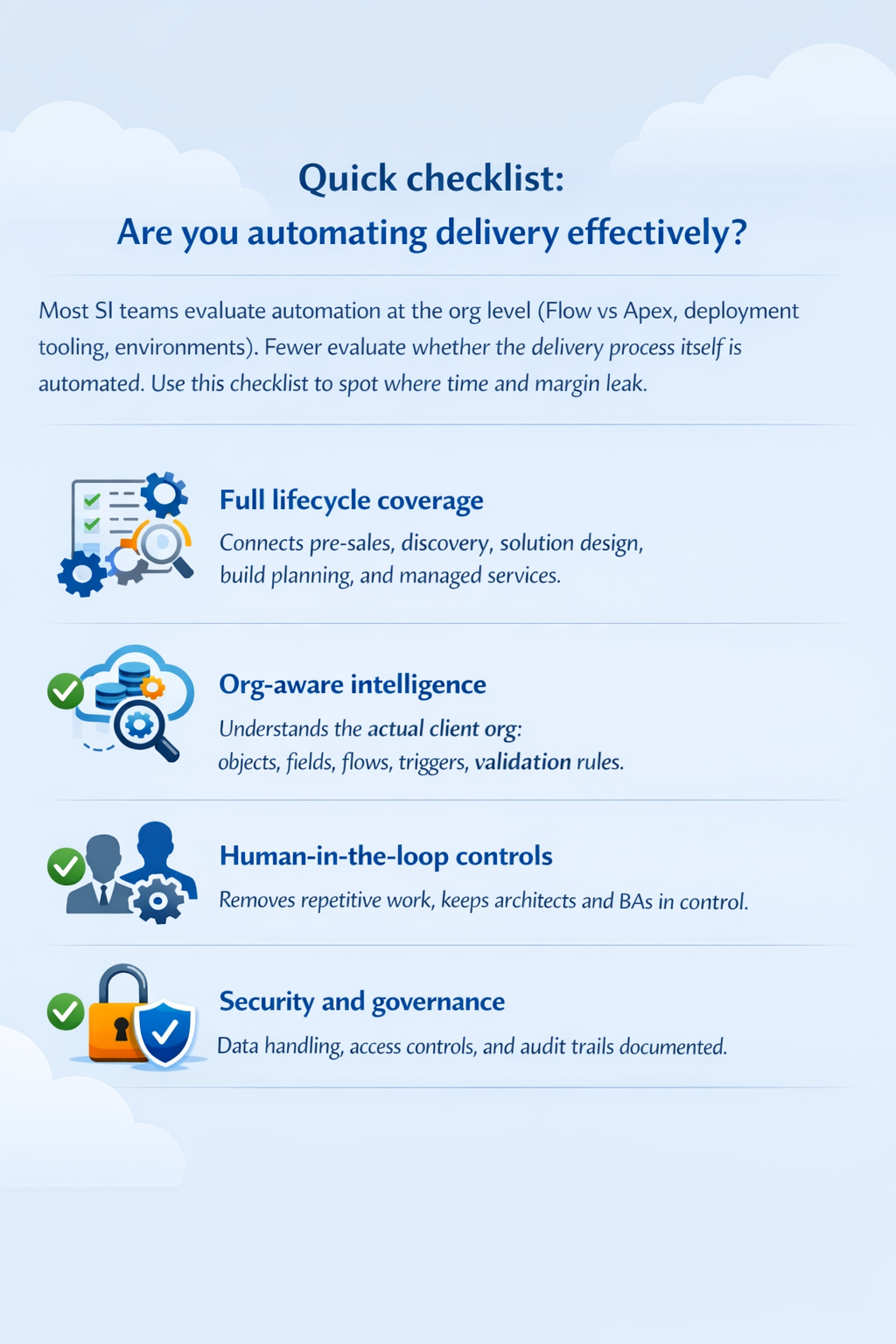 Infographic with four criteria: lifecycle coverage, org-aware intelligence, human-in-the-loop controls, security and governance.