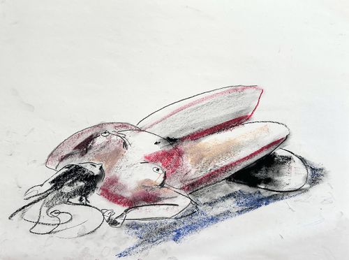 Mixed media artworks from life-drawing class