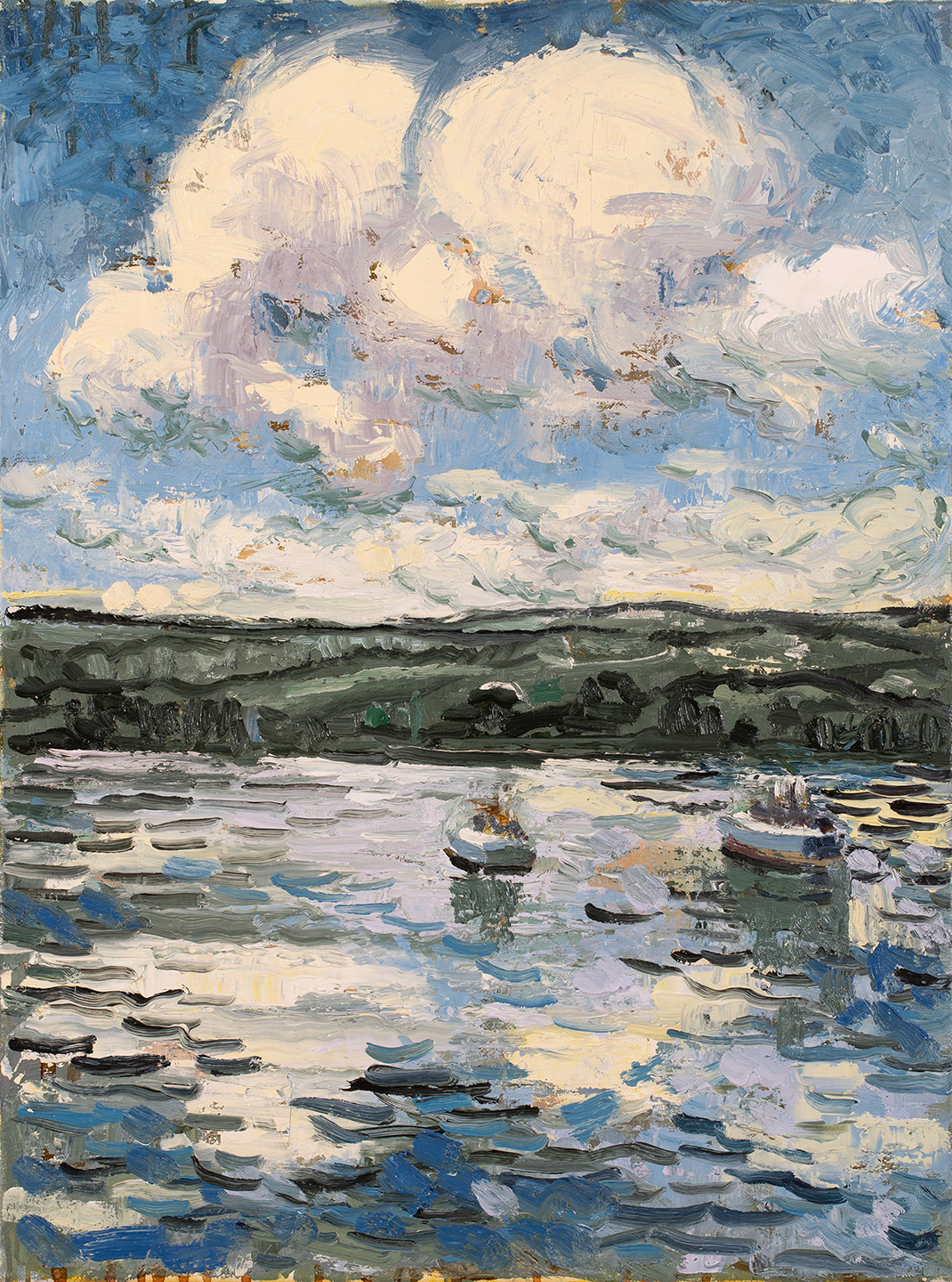 Painting of two boats on a lake under cloudy sky by Stephen Lewis