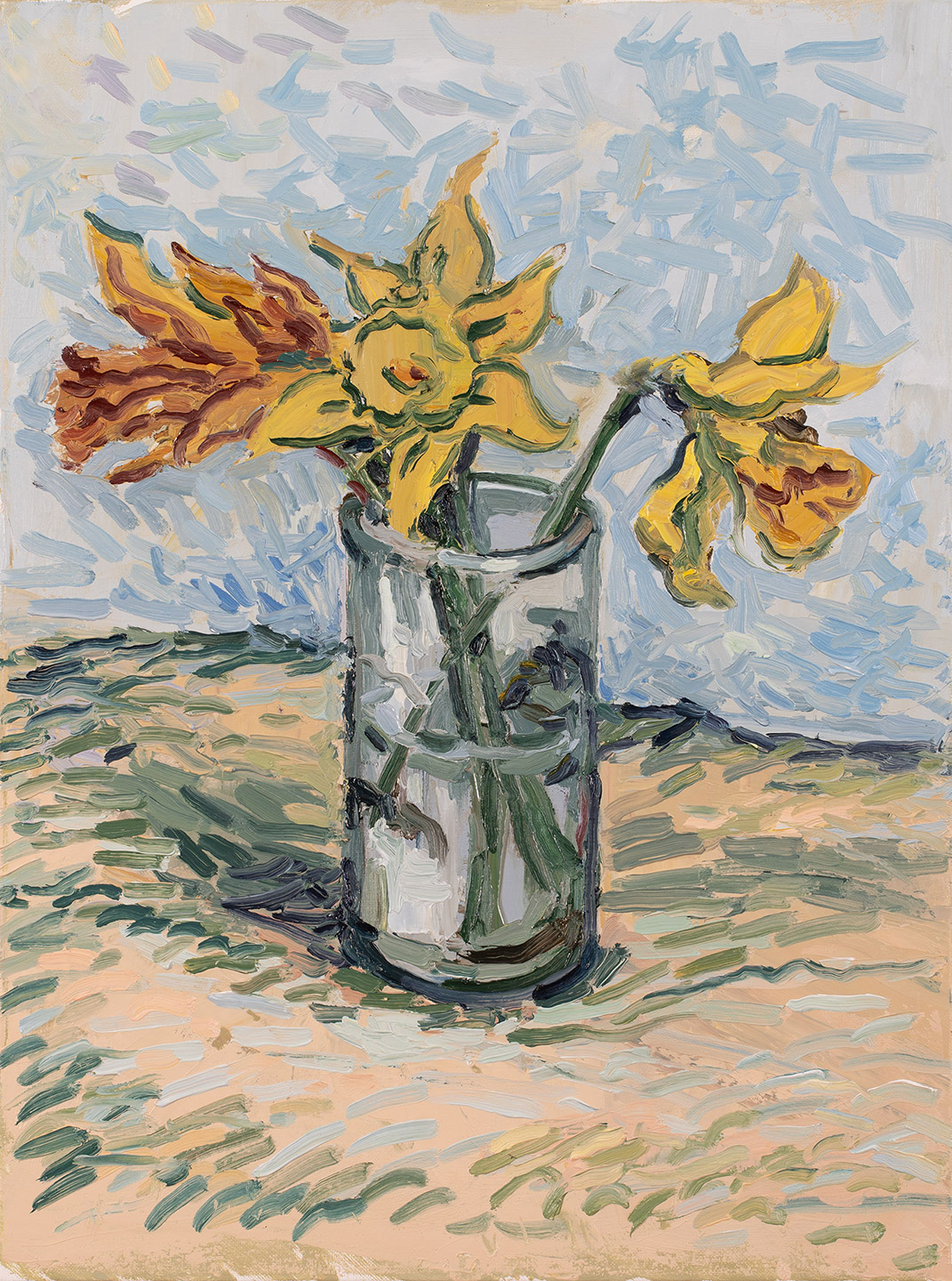 Impressionistic painting of daffodils in vase by Stephen Lewis