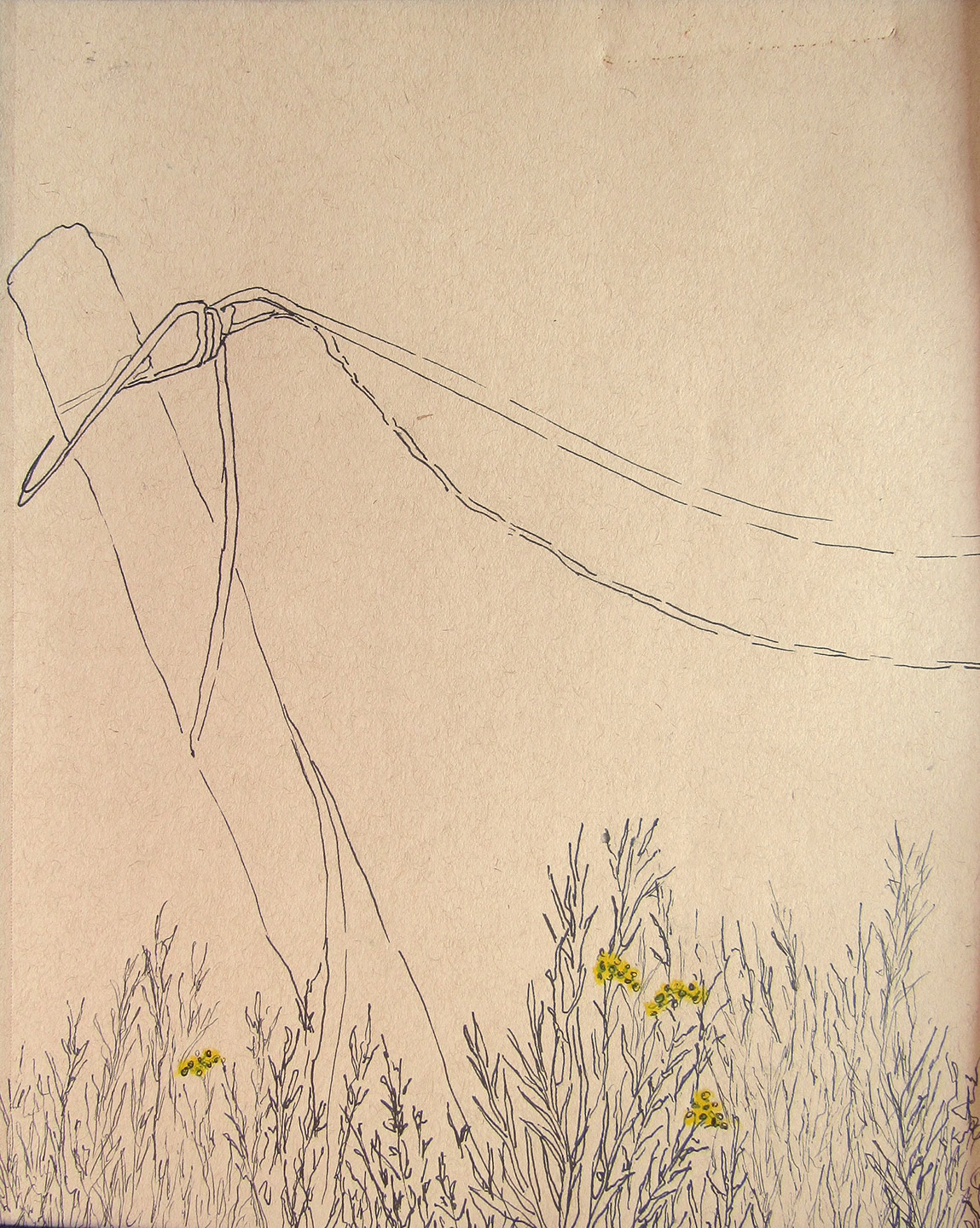 pen drawing of fence post and flowers