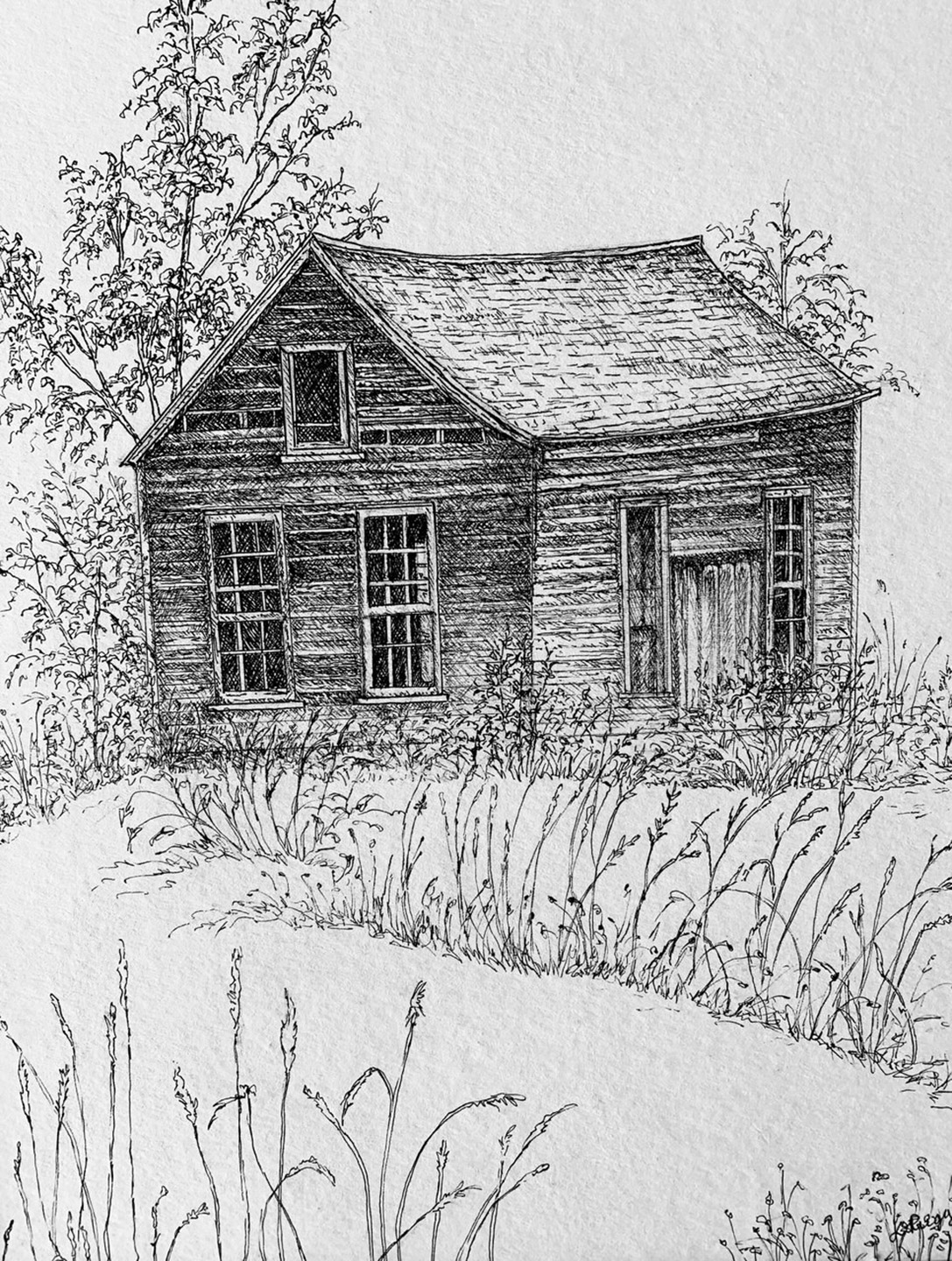 Pen and ink drawing of old farm house