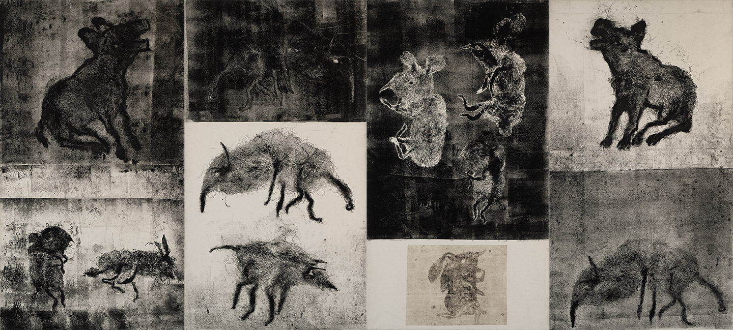 Black and white painting of imaginary animals by artist Gerda van Leeuwen.